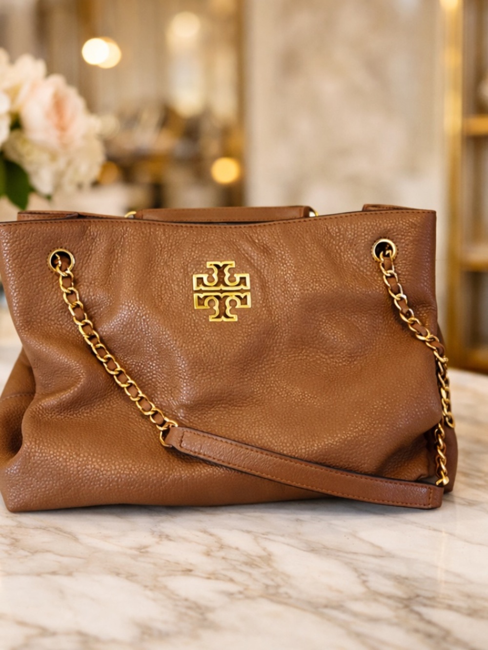 TORY BURCH Britten Triple Compartment Cognac Caramel Tote Bag Gold Chain
